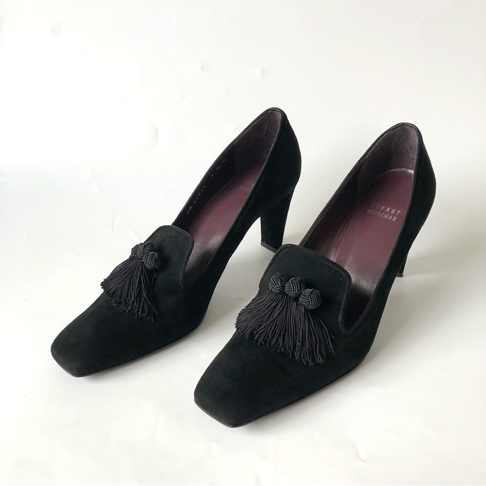 Stuart Weitzman Black Suede Tassels Square Toe Heeled Pumps Size 9.5 M